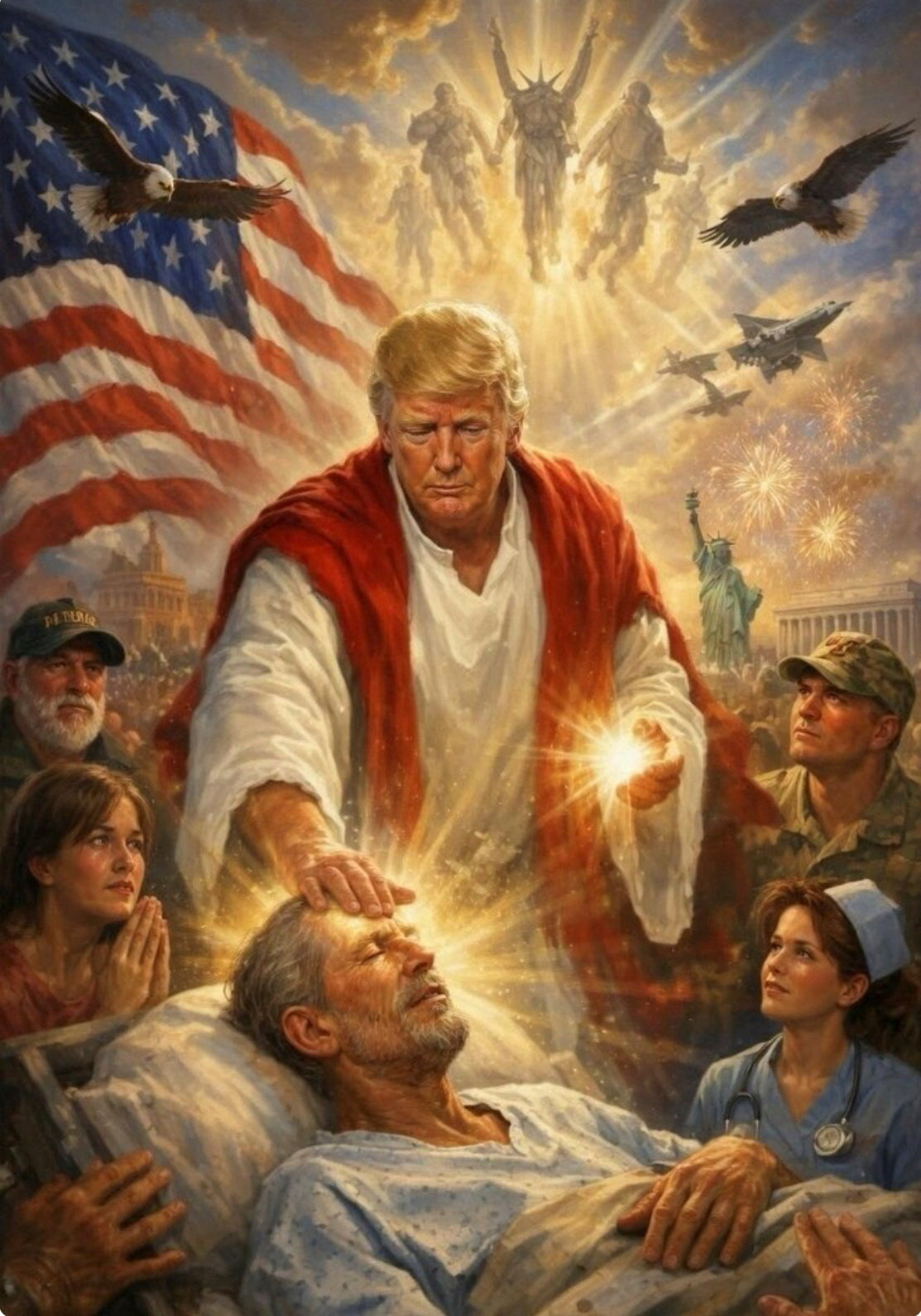 2026年4月12日にトランプ大統領のSNSアカウントに投稿された、イエス・キリストに扮したと思われるAI生成画像（提供写真、ロイター）