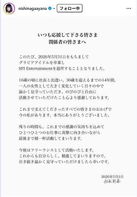 西永彩奈のインスタグラムから