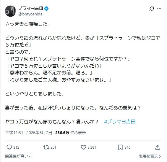 お笑いコンビ、ブラックマヨネーズ吉田敬のXから