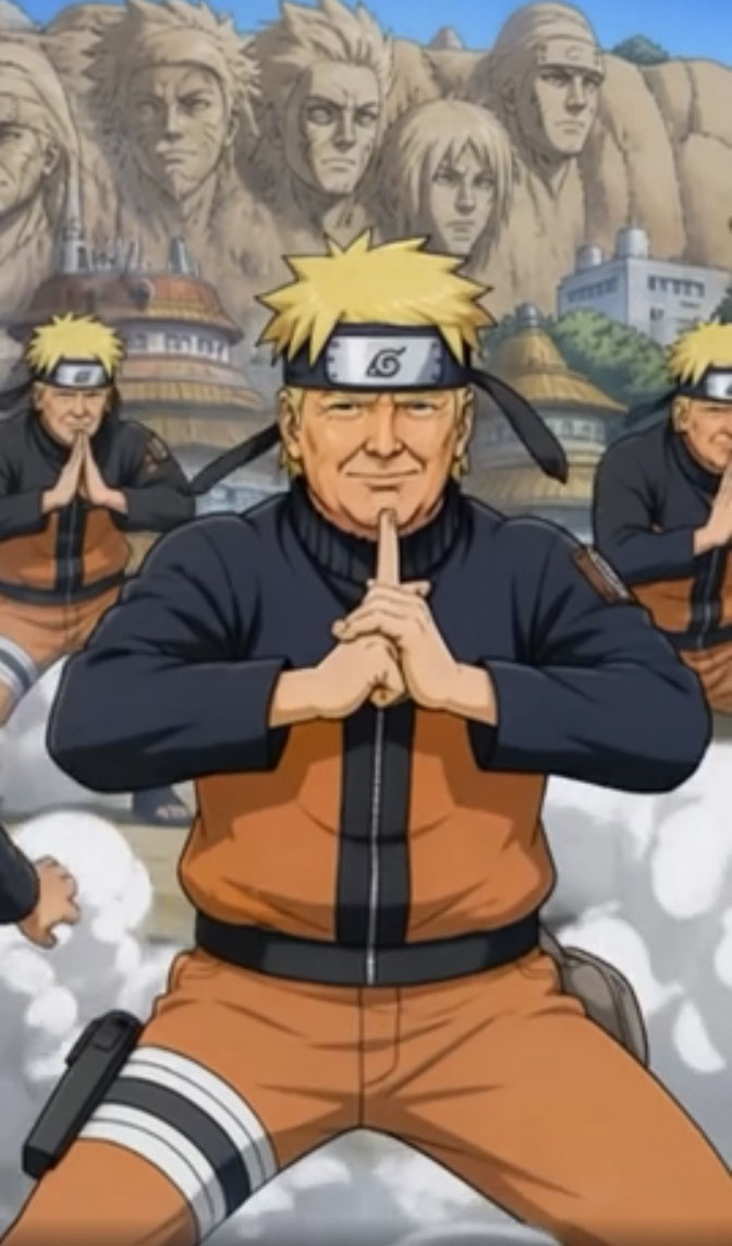 トランプ米大統領が人気漫画「NARUTO－ナルト－」の主人公の格好をしてポーズをとる加工動画の一場面（SNSトゥルース・ソーシャルから）