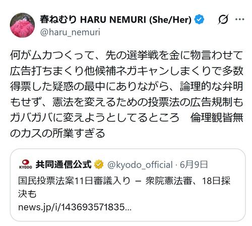 31歳女性シンガー「倫理観皆無のカスの所業すぎる」憲法改正の国民投票法改正案めぐり怒り