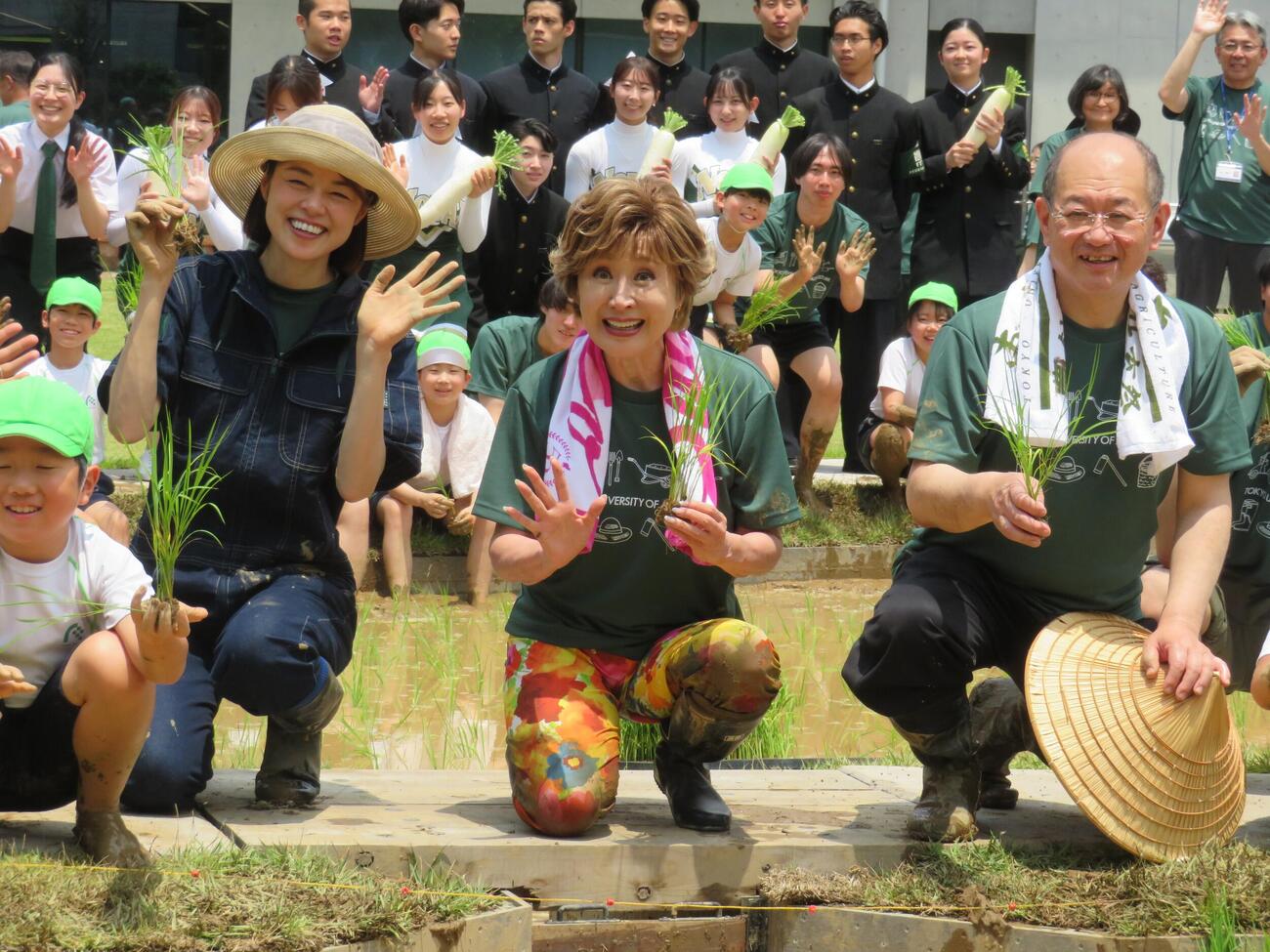 東農大世田谷キャンパスで田植えを行った、左から川瀬良子、小林幸子、江口文陽学長