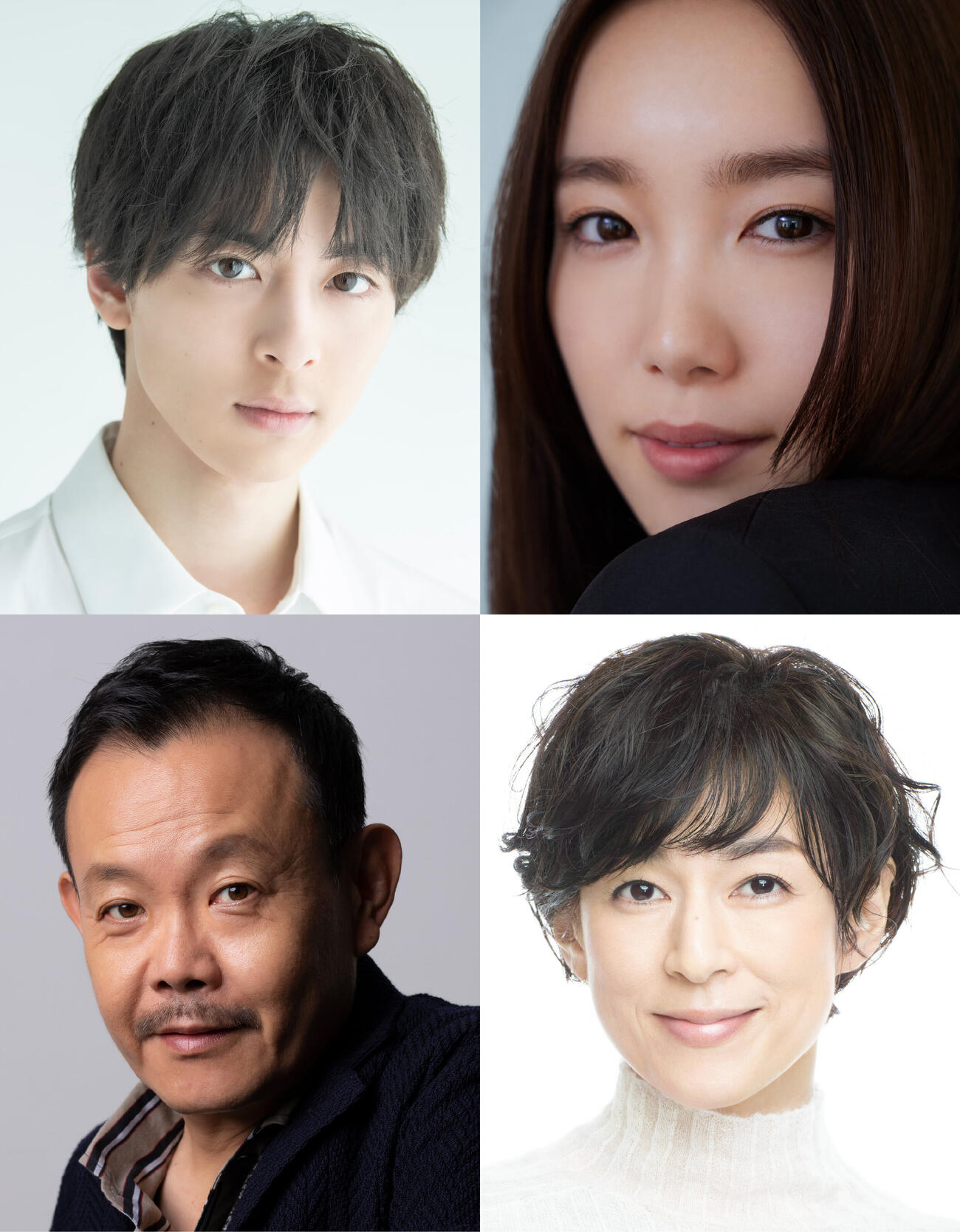 舞台「リラティブリー・スピーキング　この人、わたしのお父さん」に出演する、上段左から時計回りに高杉真宙、飯豊まりえ、鈴木保奈美、近藤芳正
