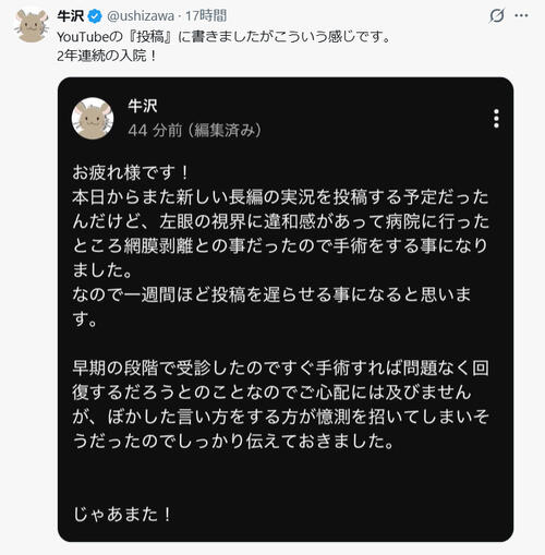 人気ゲーム実況ユーチューバー「憶測を招いてしまいそうだったので」網膜剥離手術を告白
