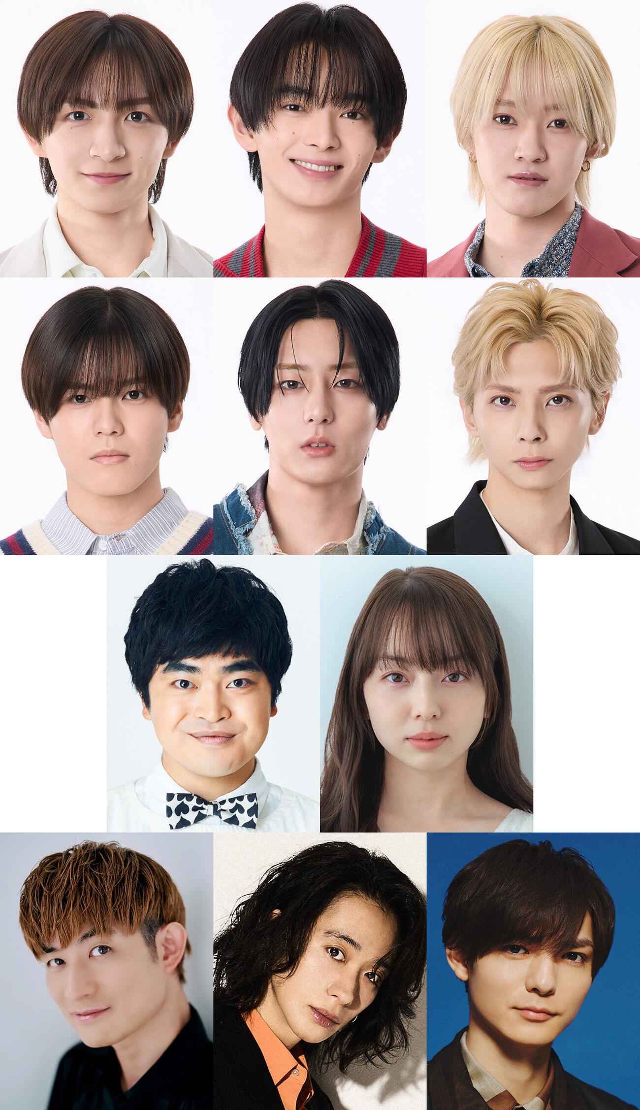堂本光一演出の舞台「百鬼夜鏡」に出演する、上段左から川﨑皇輝、内村颯太、元木湧、2段目左から北川拓実、安嶋秀生、松尾龍、3段目左から加藤諒、西田ひらり、4段目左から松崎祐介、戸塚祥太、薮宏太
