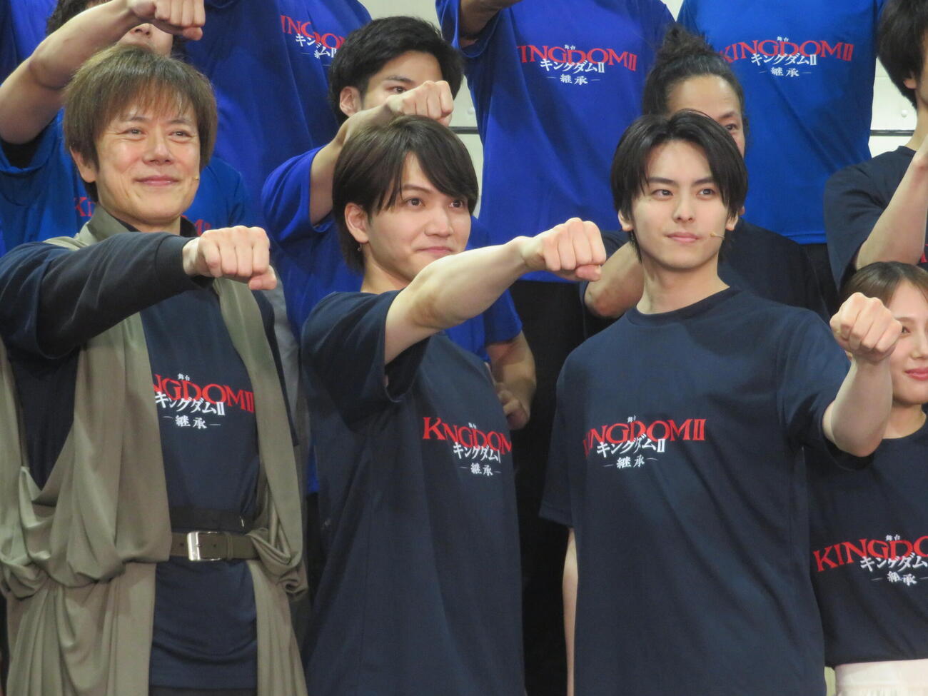 舞台「キングダム2－継承－」会見＆公開稽古に出席した、左から山口祐一郎、三浦宏規、高野洸（撮影・川田和博）