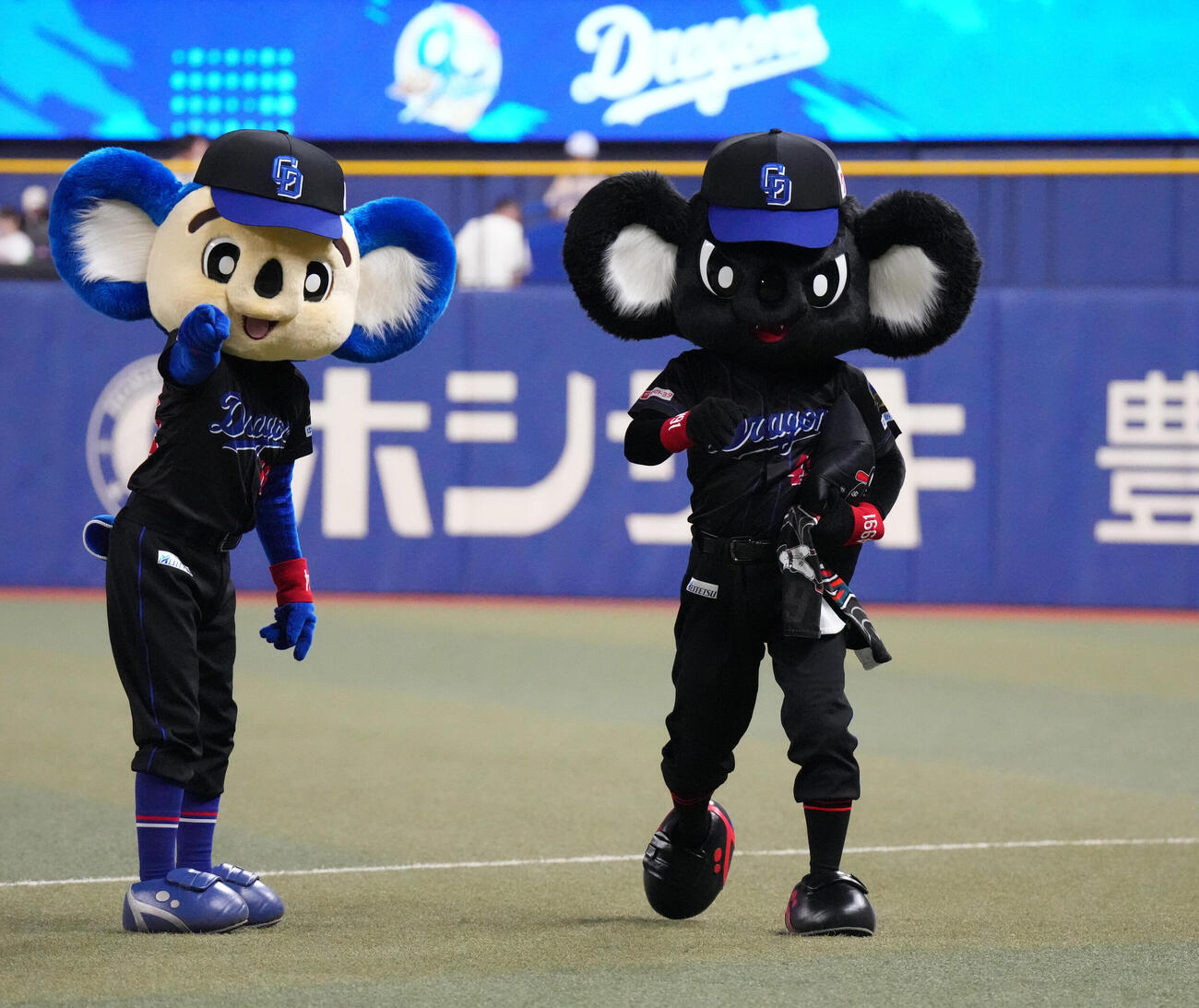 中日対阪神　試合前、ブラックユニフォームを着用するドアラ（左）とブラックドアラ（撮影・森本幸一）