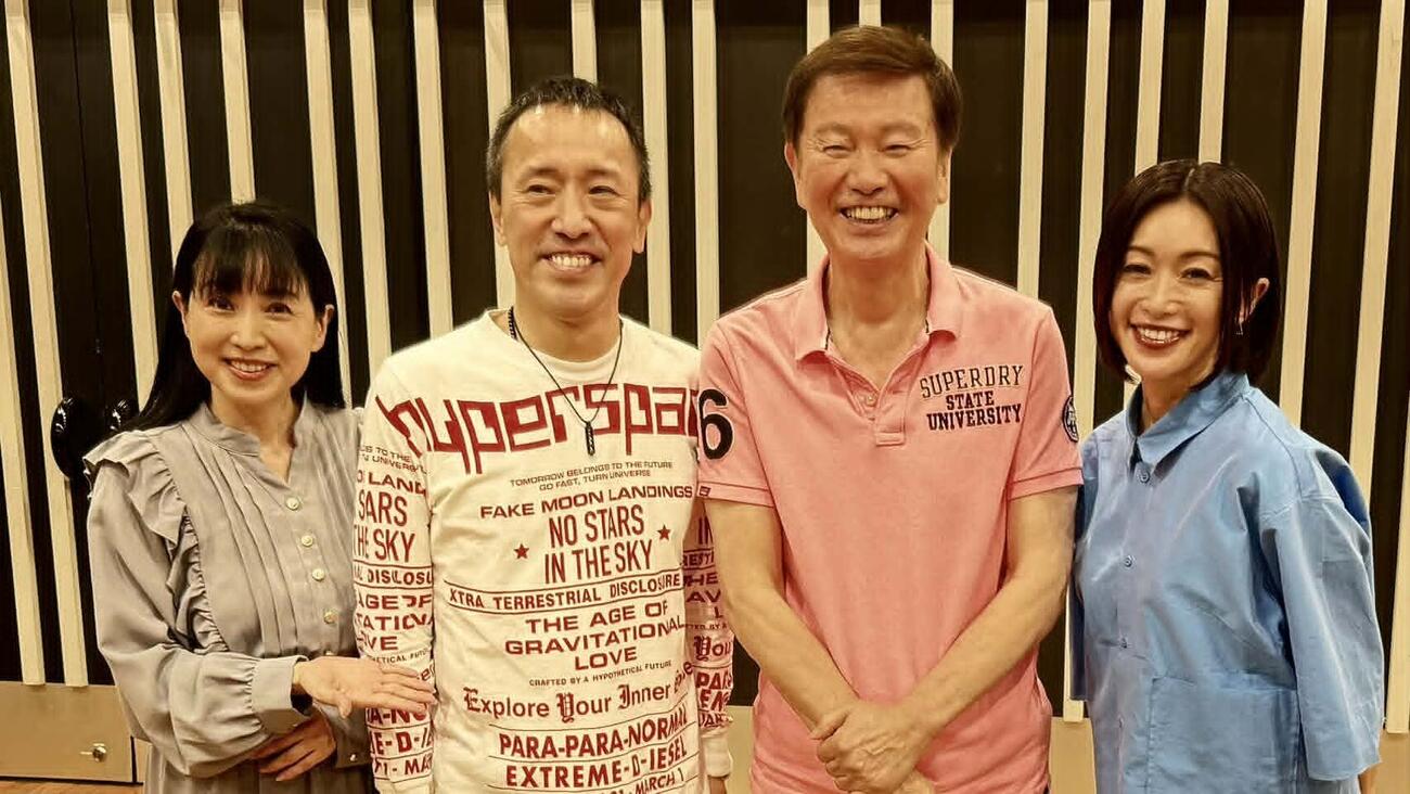 ラジオの収録に参加した、左から西村知美、筧利夫、森田健作、酒井法子