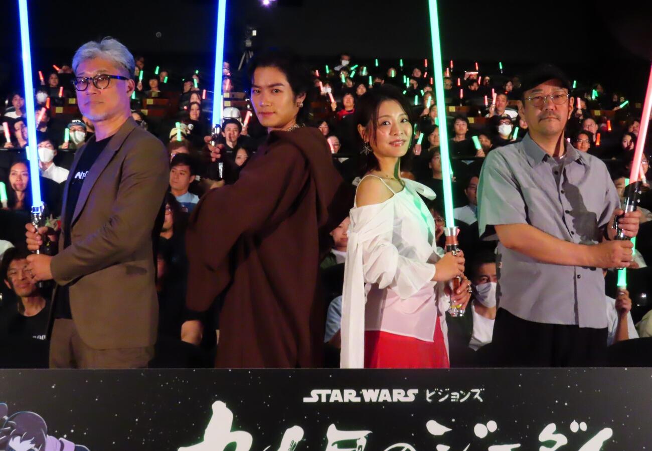「スター・ウォーズ：ビジョンズ／九人目のジェダイ」前夜祭2話上映イベントに登壇した、左から多田俊介監督、川村壱馬、赤﨑千夏、神山健治総監督