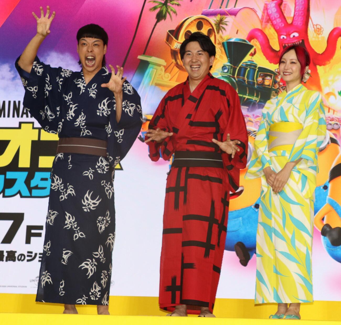 映画「ミニオンズ＆モンスターズ」（7日公開）ジャパンプレミアイベントに出席した左からバッテリィズのエース、寺家、LiSA