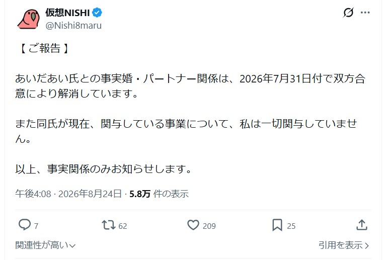 仮想NISHI氏のＸから