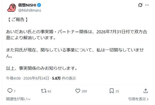 仮想NISHI氏、あいだあいとの事実婚・パートナー関係７月31日付で解消「双方合意により」