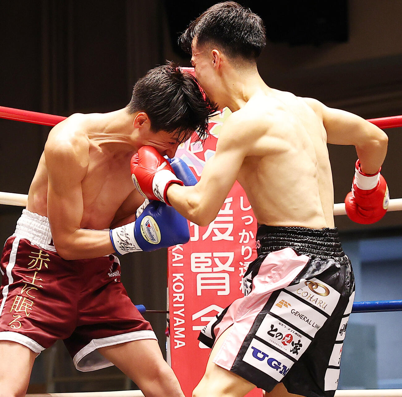 スーパーバンタム級4回戦　1回、松村航（右）のパンチを浴びる藤原季節（撮影・野上伸悟）