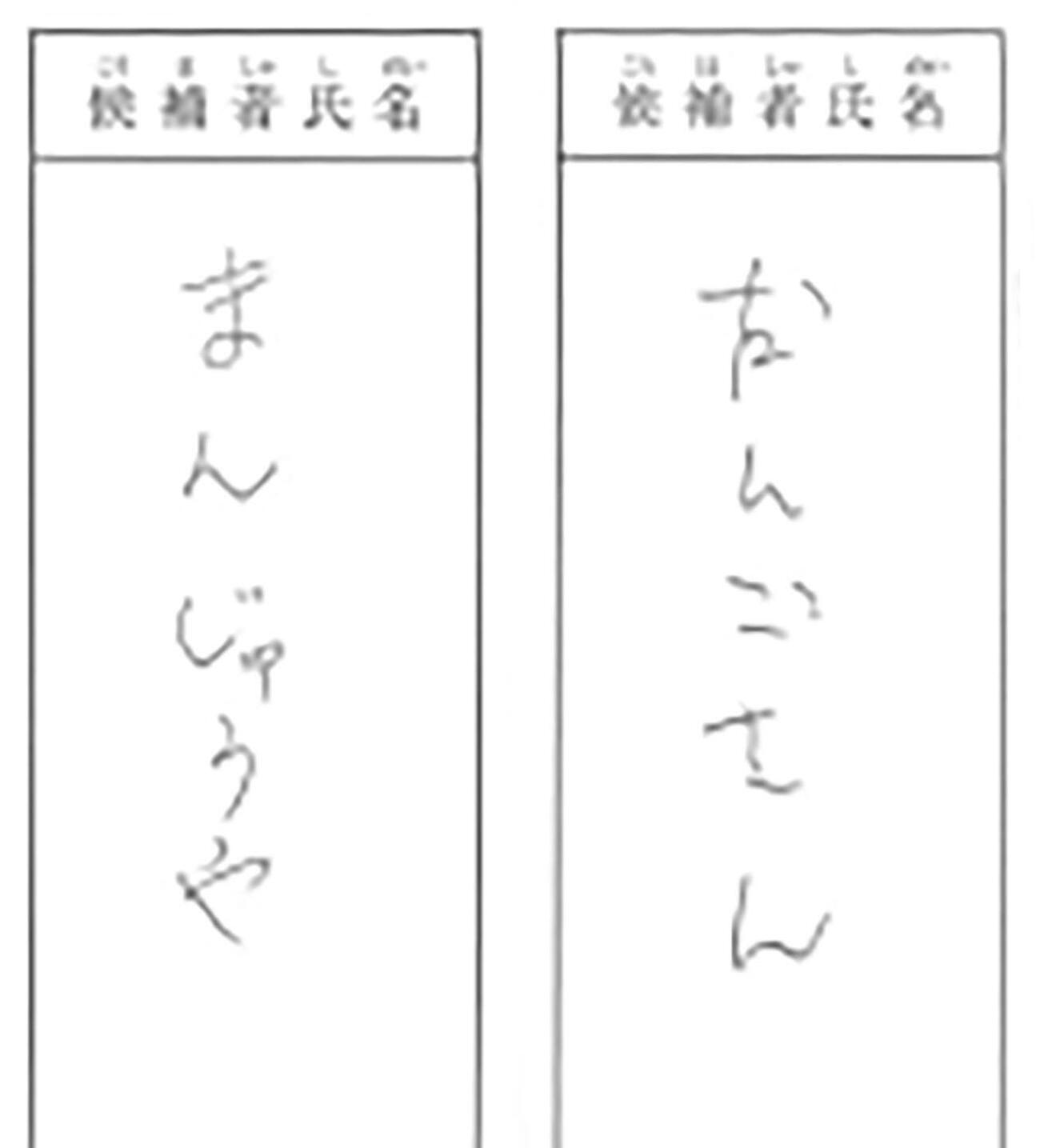 昨年11月の茨城県神栖市長選で「まんじゅうや」「だんごさん」と記載された2票の画像（共同＝茨城県選管提供）