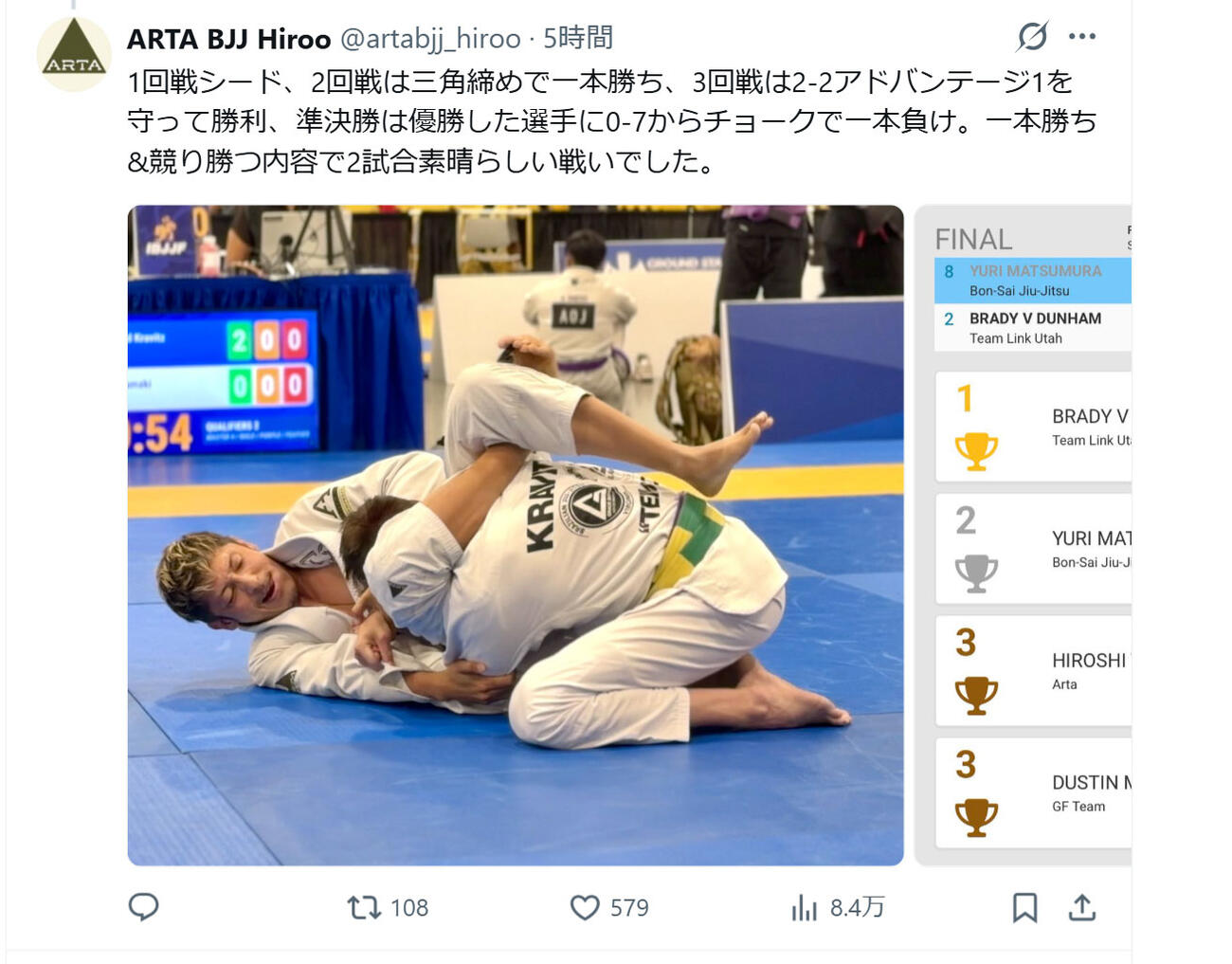 ARTA BJJ広尾の公式Xから