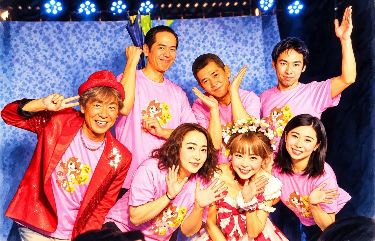 「劇団♡ひとみん」の定期公演に出演した恵中瞳（前列左から3人目）