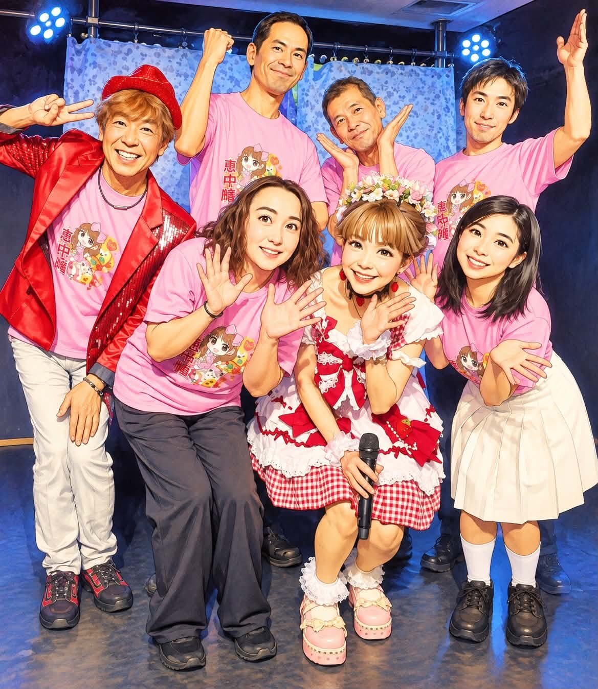 「劇団♡ひとみん」の定期公演に出演した恵中瞳（前列左から3人目）