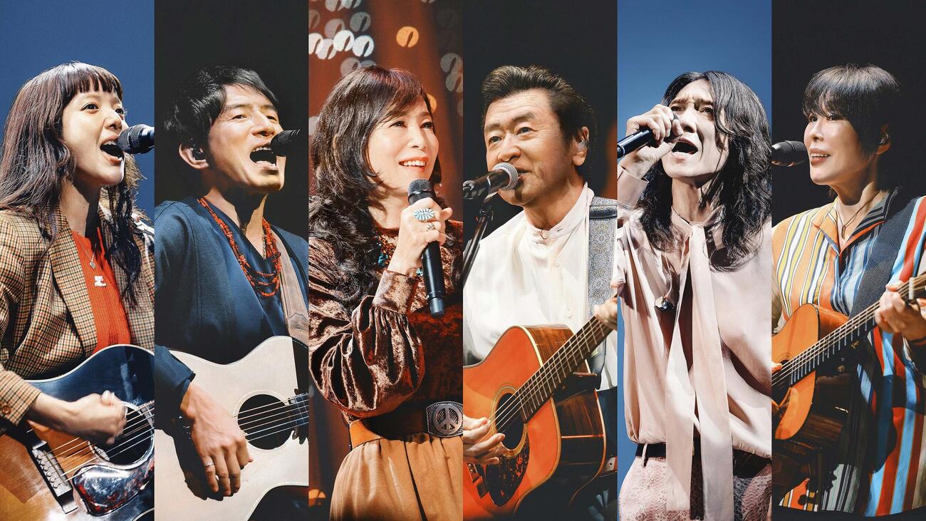 「九段下フォーク・フェスティバル’25」の出演者たち。左からあいみょん、桜井和寿、竹内まりや、桑田佳祐、吉井和哉、原由子
