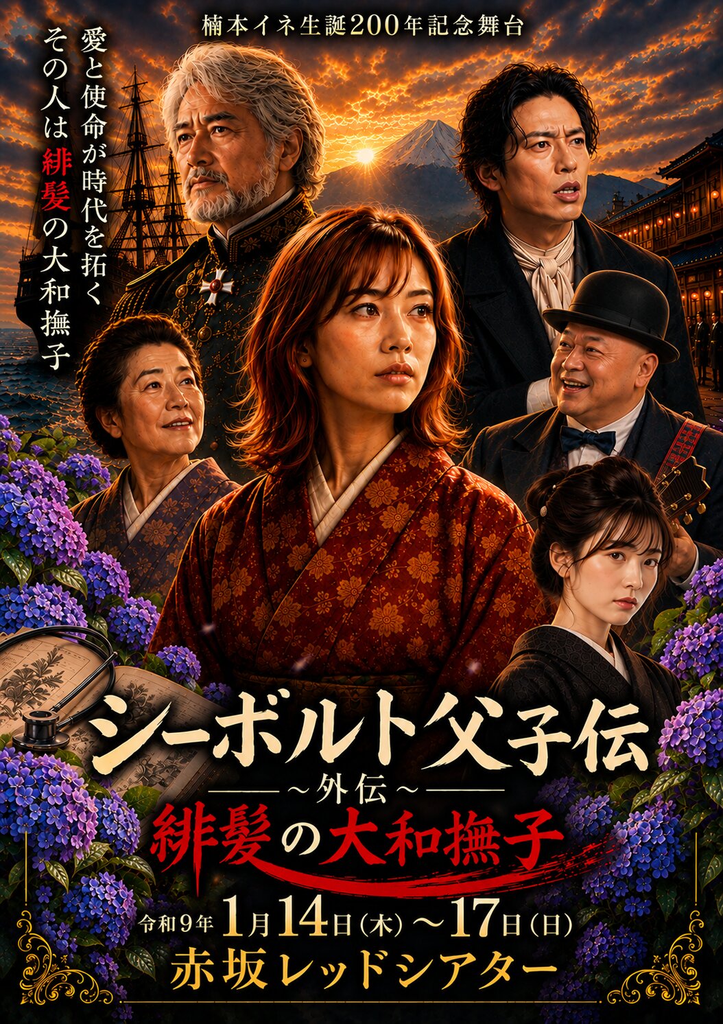「楠本イネ生誕200年記念舞台『シーボルト父子伝～外伝～緋髪の大和撫子』」のポスター