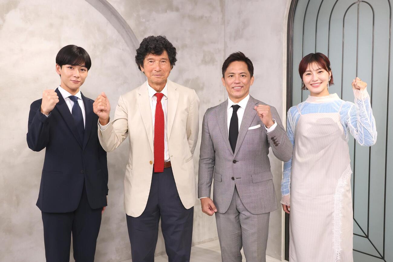 カンテレ「8SPORTS」に出演する、左から、秦令欧奈アナウンサー、青木紘二氏、野村忠宏氏、村上佳菜子