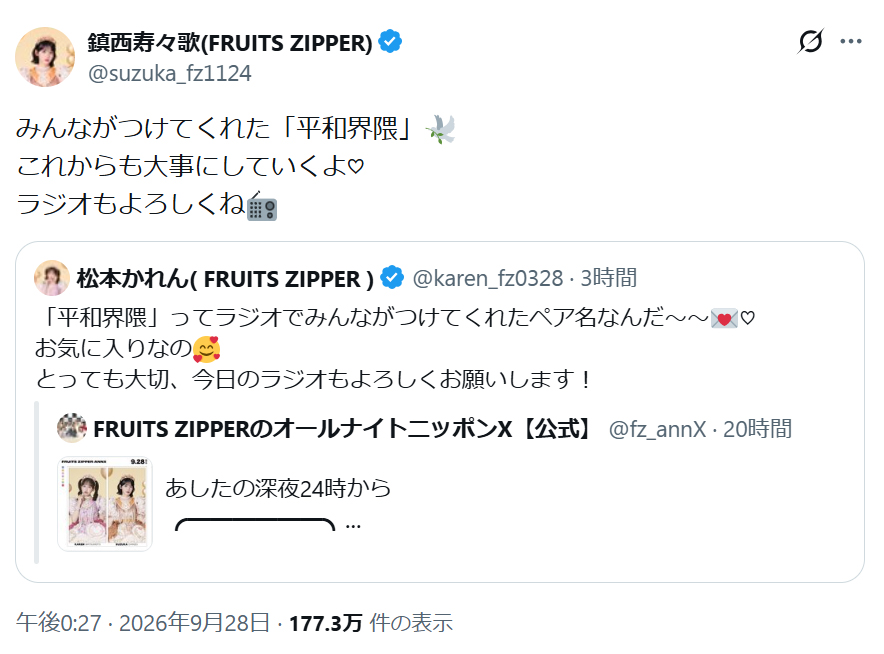 FRUITS ZIPPER鎮西寿々歌のXから