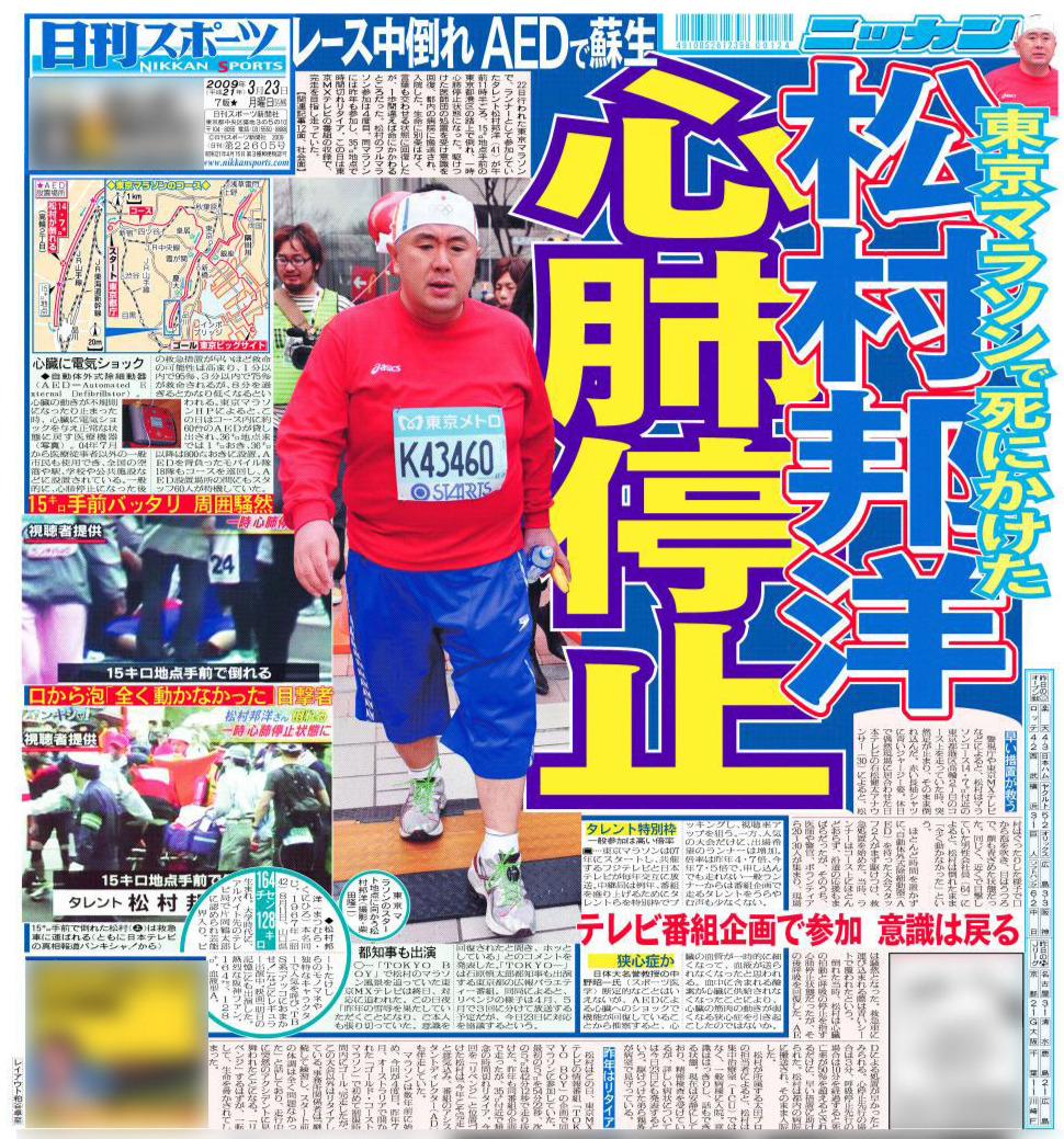 松村邦洋が倒れた翌日の日刊スポーツ1面（2009年3月23日付紙面）