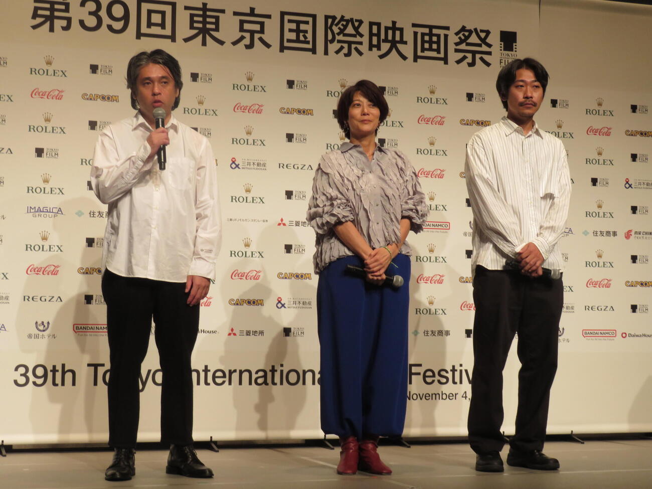 第39回東京国際映画祭ラインナップ発表記者会見にコンペティション部門出品作の監督として登壇した、左から「妖怪、化物をひろう」の池田暁監督、男ともだち」の三島有紀子監督、「過怠」の山本英監督（撮影・村上幸将）
