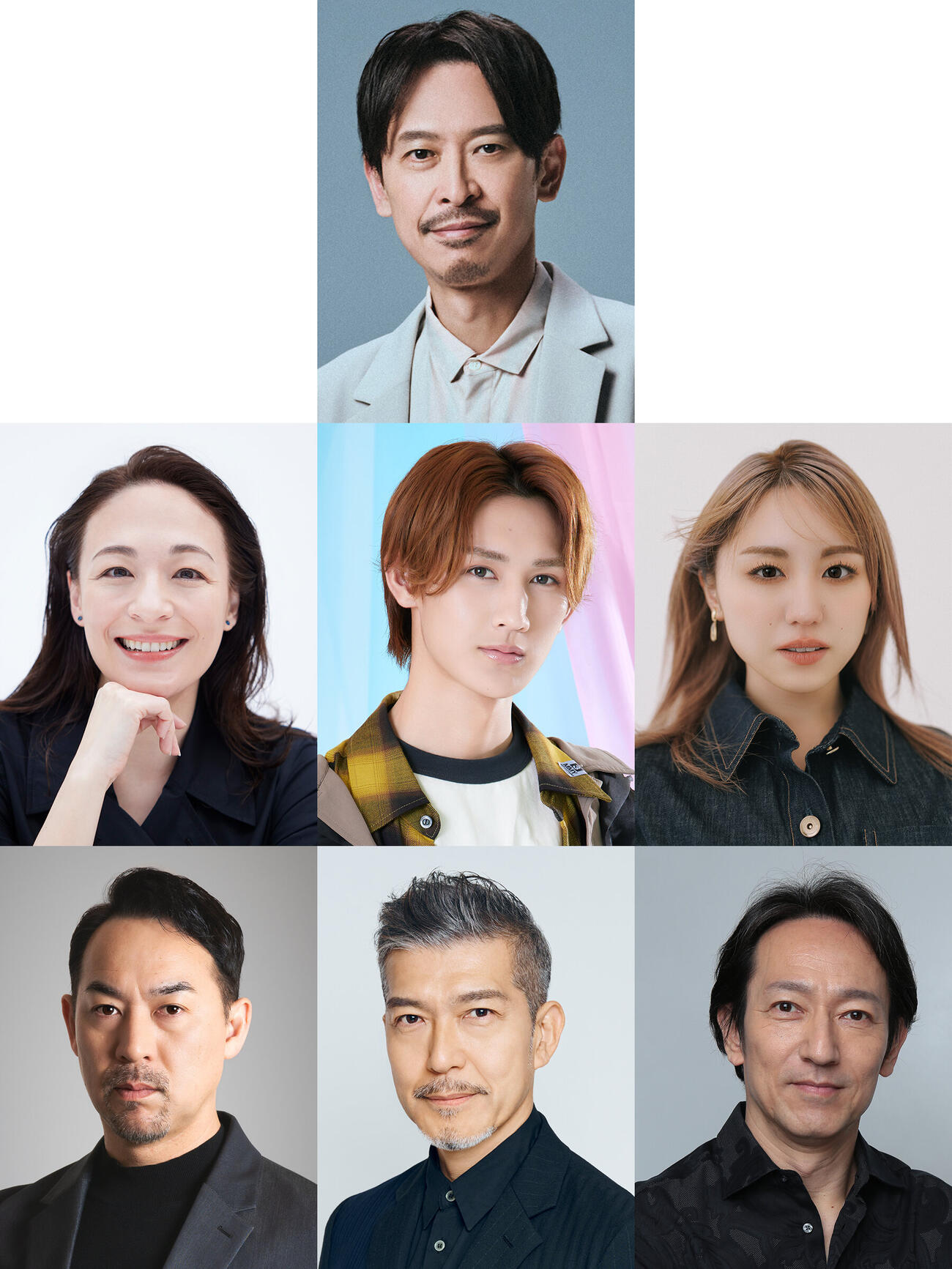 ミュージカル「IRON MASK　－三銃士　最終章－」に出演する、上段から坂本昌行、2段目左からシルビア・グラブ、大内リオン、加藤梨里香、3段目左から福井晶一、大澄賢也、鈴木壮麻