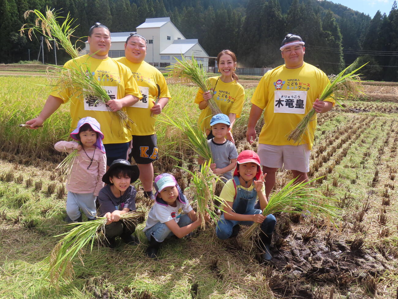 新潟・津南町の「立浪部屋ファーム」で、招待した子ども食堂の子供たちと稲刈りをした、後列左から春雷、大花竜、熊切あさ美、木竜皇
