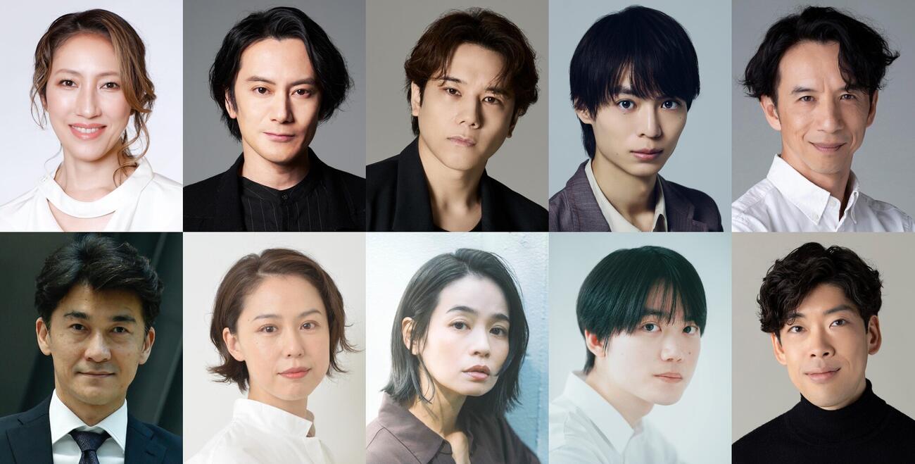 舞台「ベルナール／ハムレット」に出演する、上段左から水夏希、小西遼生、五関晃一、溝口琢矢、今井朋彦、下段左から生津徹、長尾純子、佐久間麻由、田中亨、武田知久
