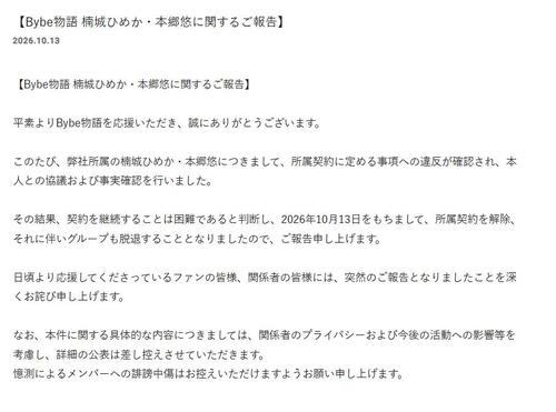 アイドルメンバー２人が違反行為で契約解除　グループも脱退　それぞれのＸで謝罪も