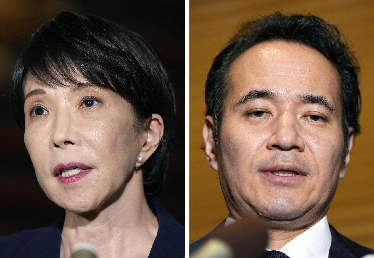 簗農相（右）を更迭し、記者団の取材に応じる高市首相。改造を除き閣僚の辞任は高市政権発足後初めてとなる＝14日午後、首相官邸（共同）