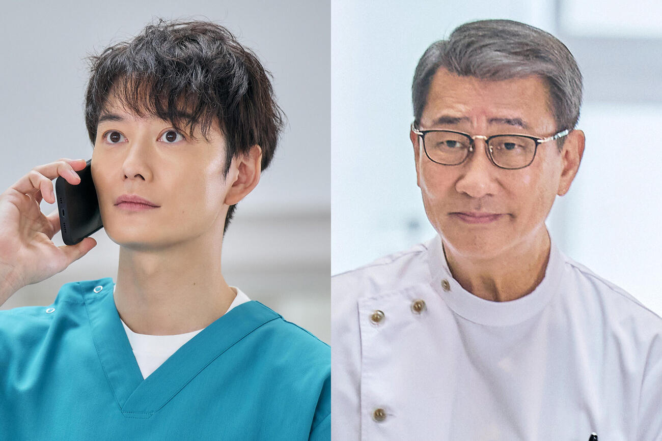 テレビ朝日系「アナログナース～デジタルってなんなんだよ！？～」に出演する岡田将生（左）、中井貴一