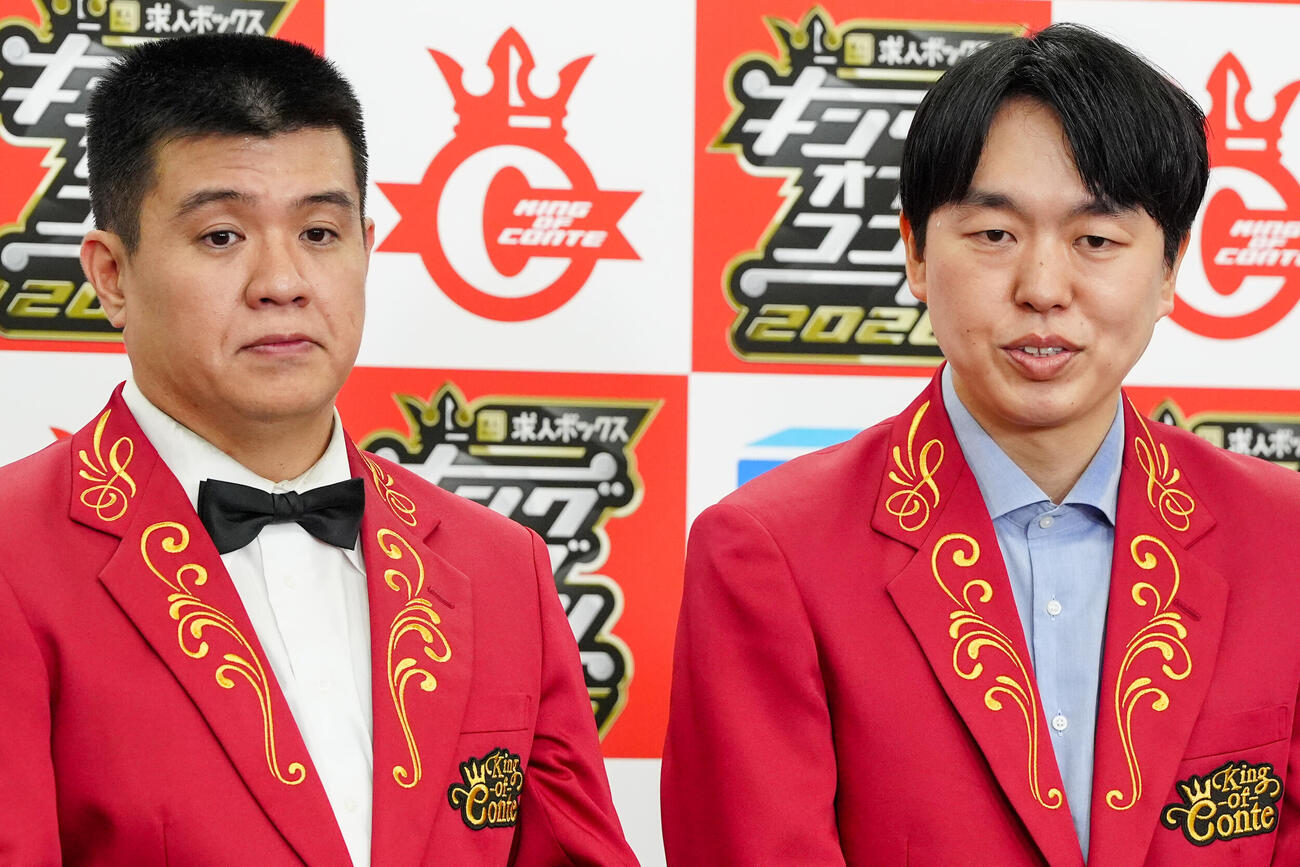 キングオブコントで優勝し、19代目王者となったジェラードンのアタック西本（左）とかみちぃ（撮影・江口和貴）