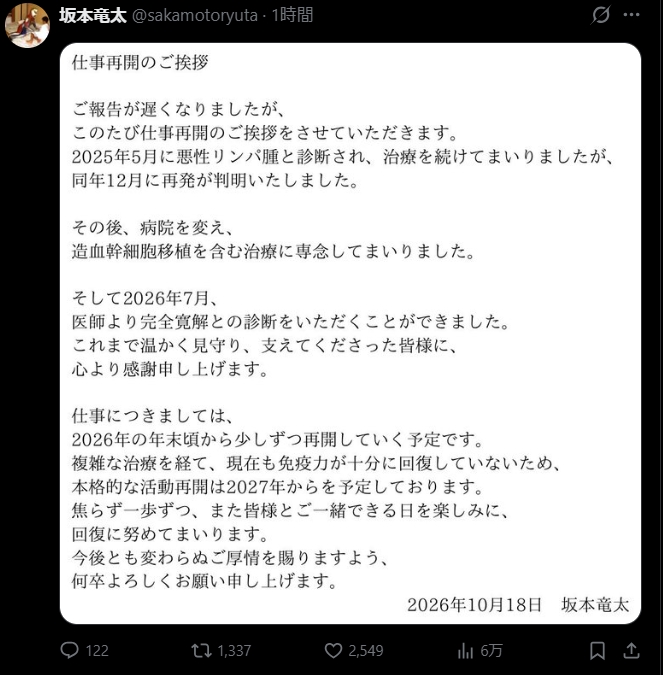 坂本竜太のXから