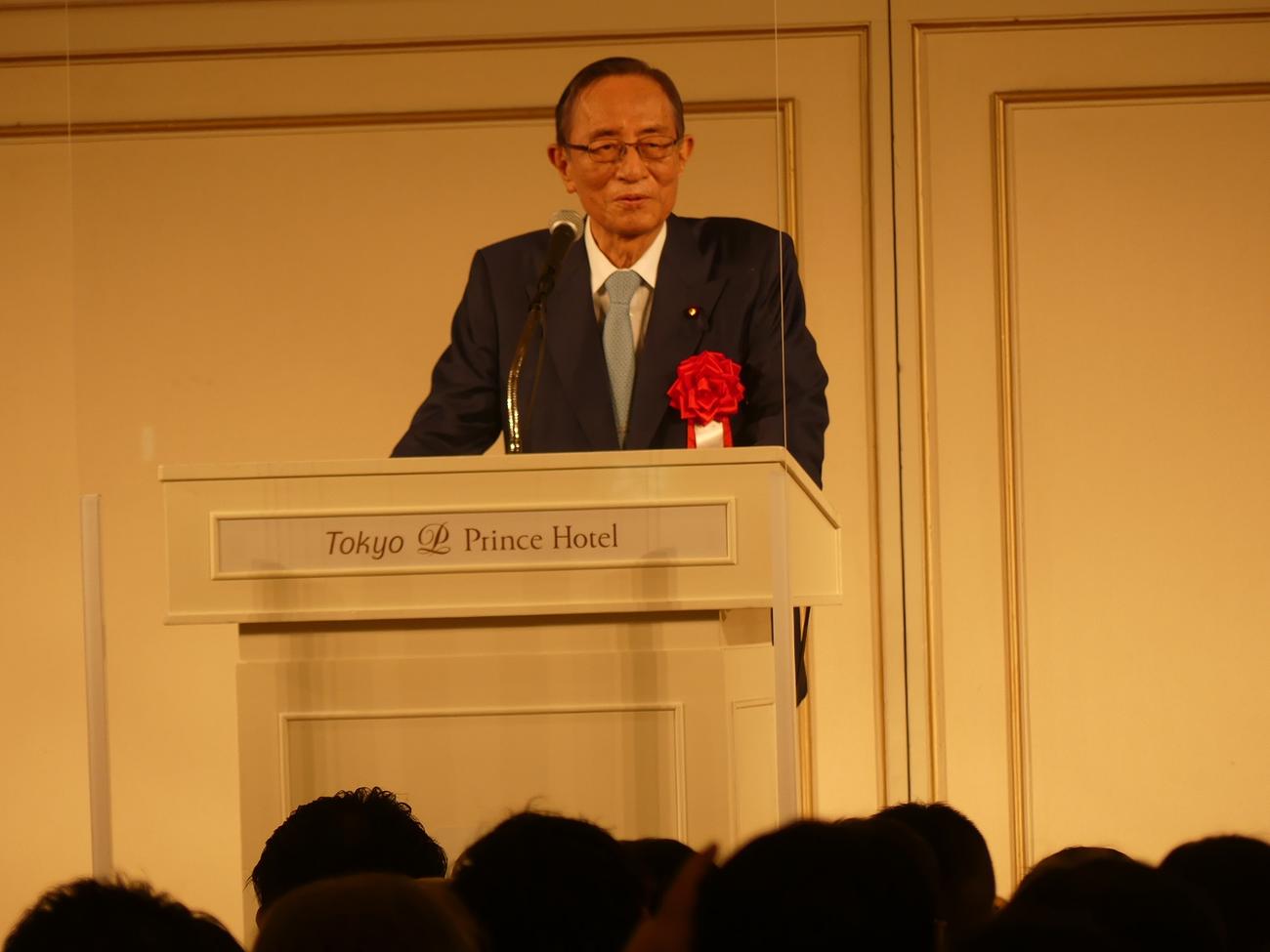 かつて「細田派」だった安倍派のパーティーであいさつする細田博之衆院議長（2022年5月17日撮影）