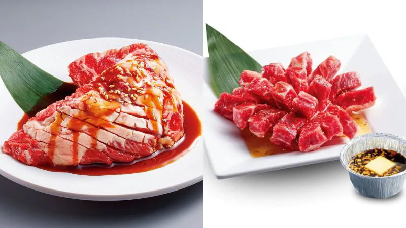 「【名物】きんぐカルビ」（左）と「【名物】花咲上ロース～ガリバタ醤油～」（写真＝物語コーポレーション）