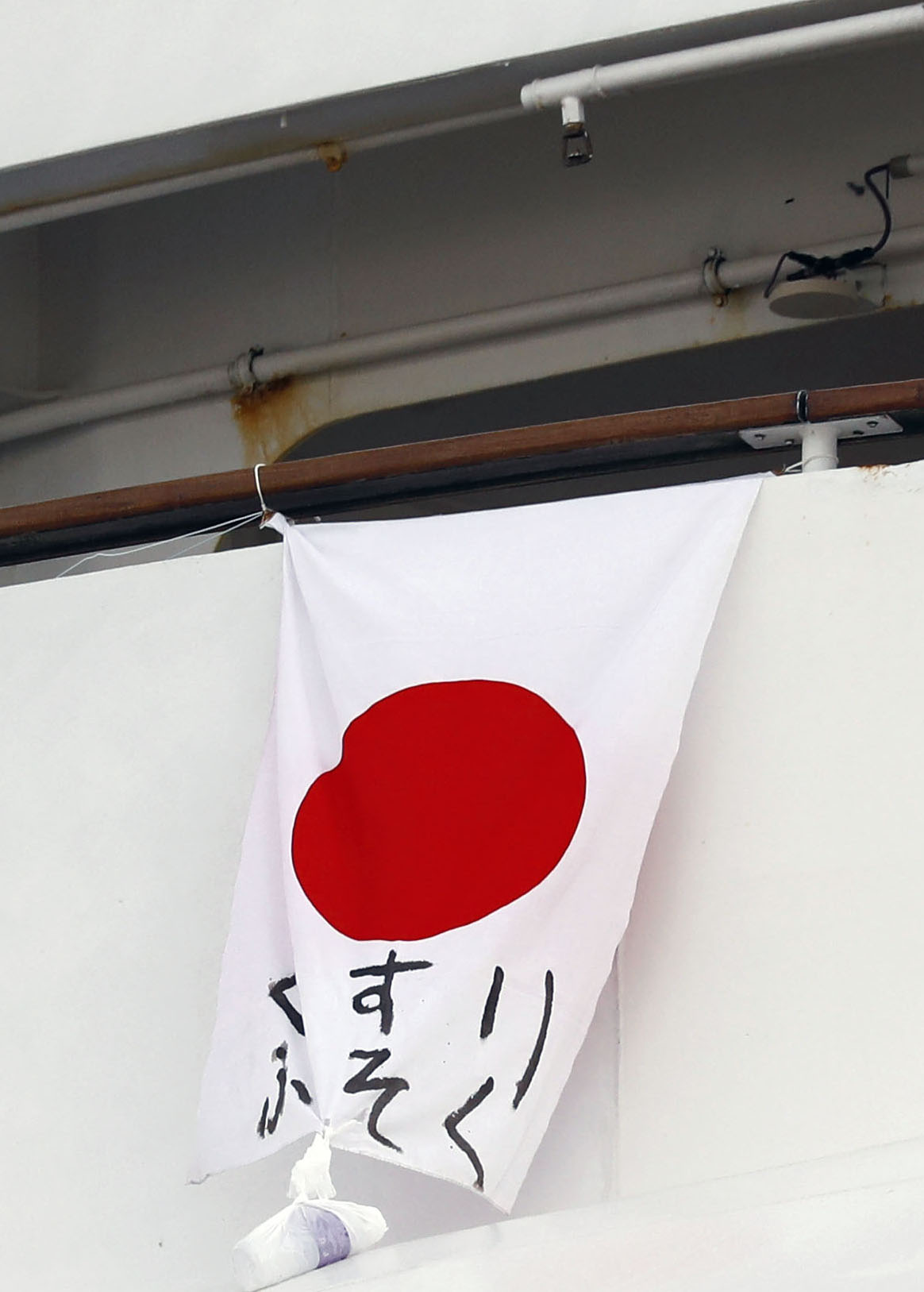 横浜・大黒ふ頭に停泊するクルーズ船「ダイヤモンド・プリンセス」に掲げられた「くすり　ふそく」と書かれた日の丸（共同）
