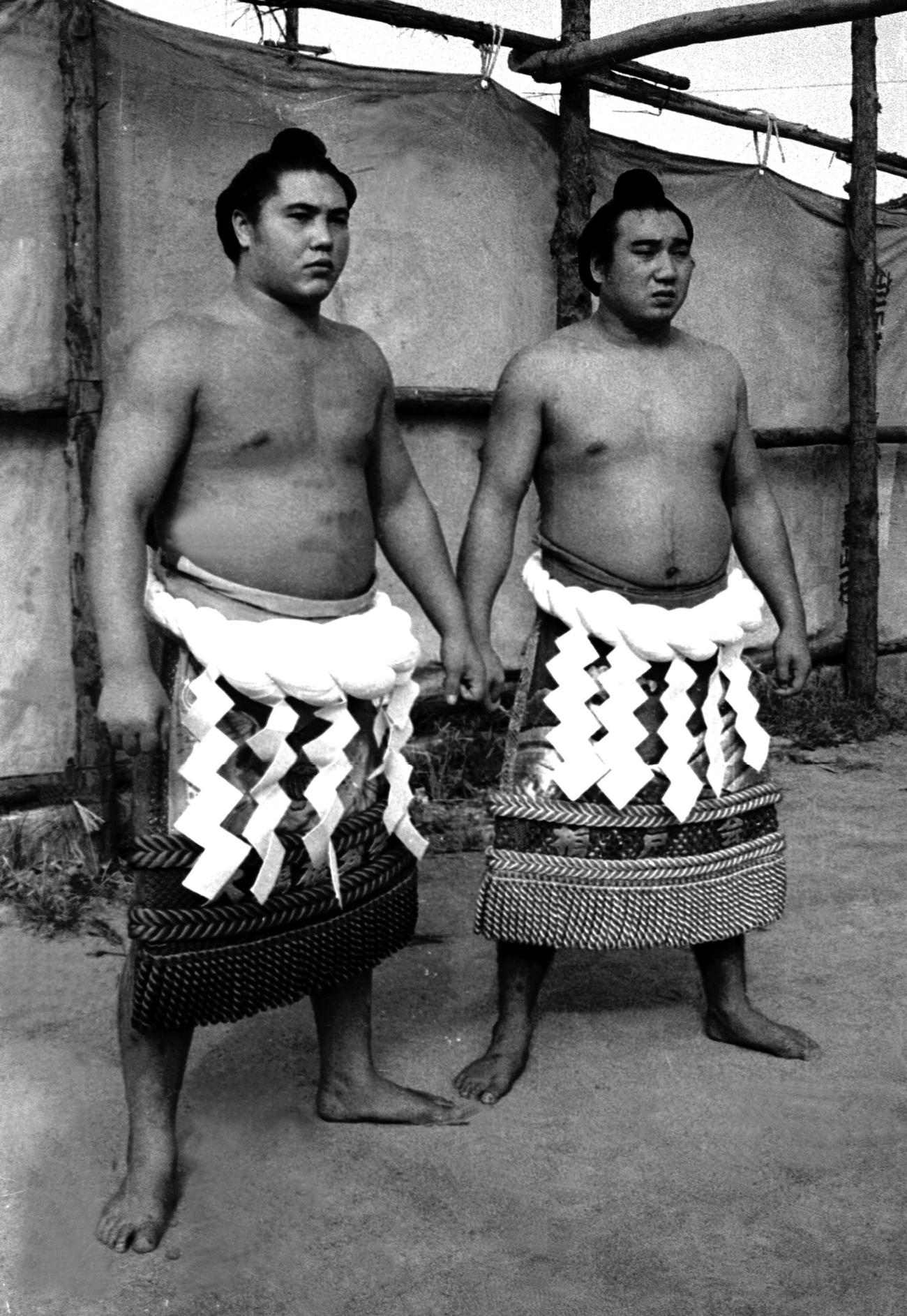 そろって横綱へと昇進を果たした大鵬（左）と柏戸（1961年10月4日撮影）