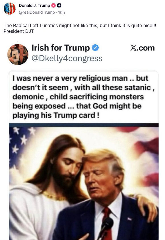 トランプ米大統領が投稿した交流サイトの画面（SNSトゥルース・ソーシャルから）（共同）