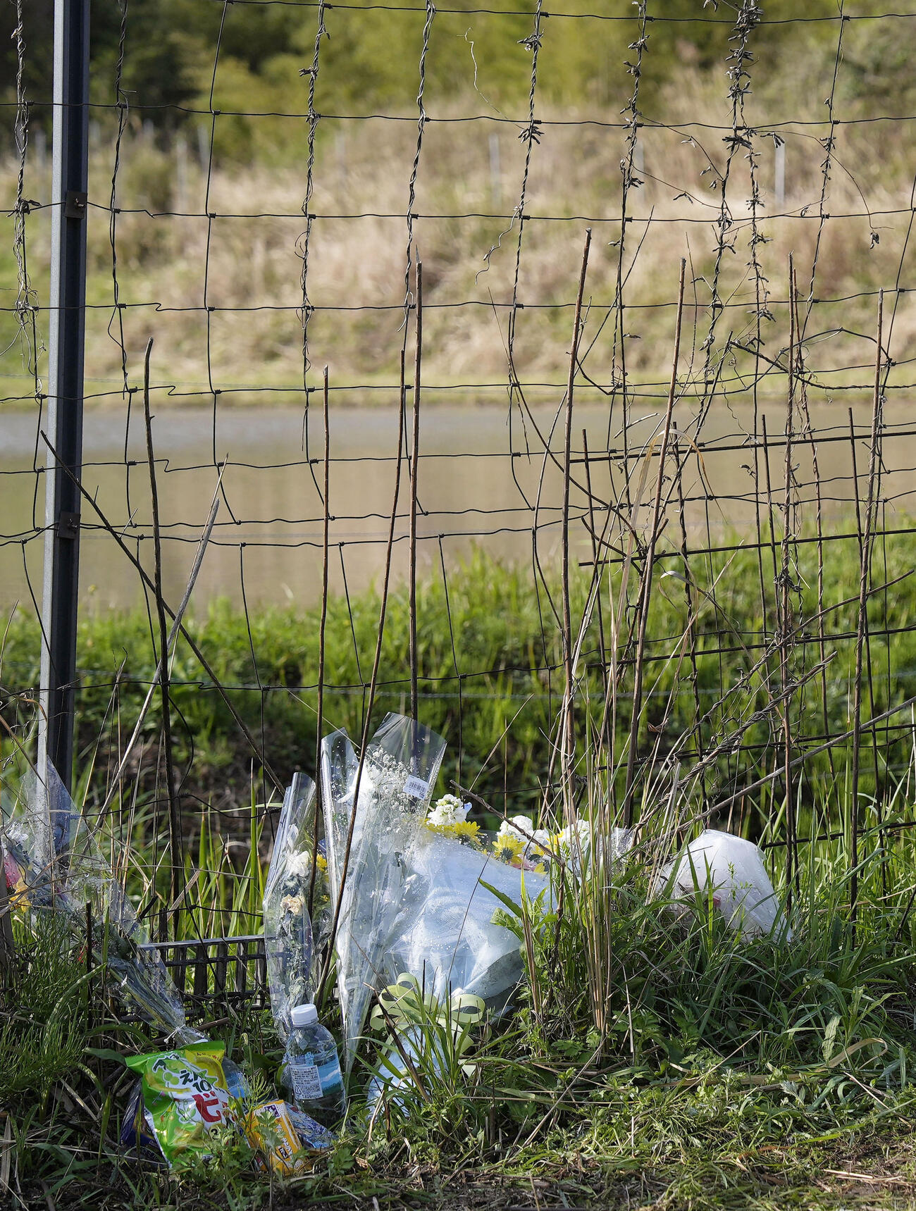 安達結希さんの遺体が見つかった現場付近に手向けられた花束（共同）