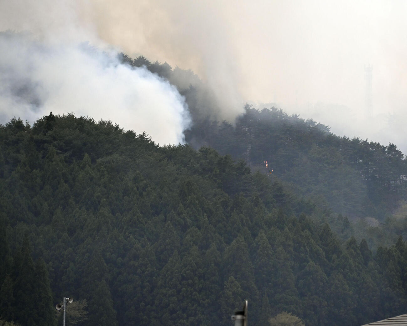 火災で煙が上がる山林（岩手日報社提供）