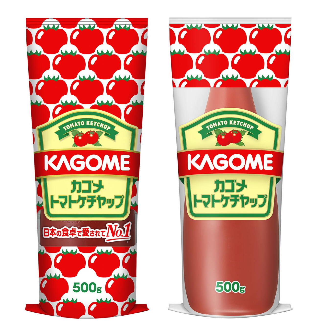 「カゴメトマトケチャップ」。従来の外袋（左）から印刷部分を減らし一部を透明にする（共同）