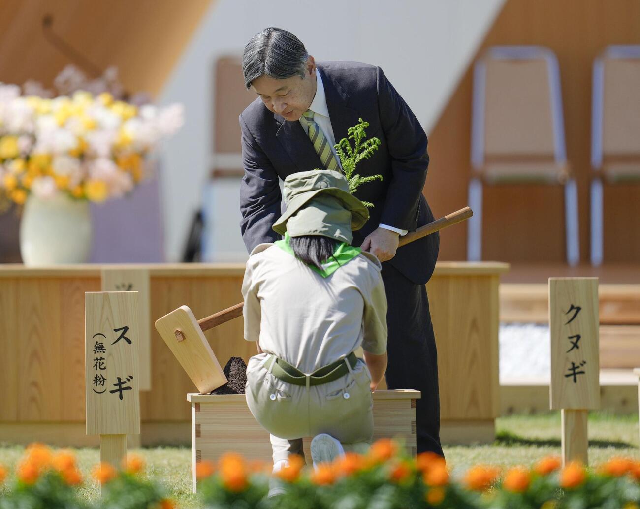 第76回全国植樹祭の式典で苗木を植えられる天皇陛下＝17日午後、松山市
