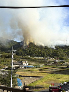 広島県福山市の山林火災＝17日午後（近隣住民提供）(共同)