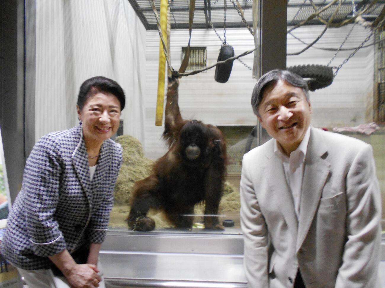 オランウータンのジェニファーと記念撮影される天皇、皇后両陛下（宮内庁提供）