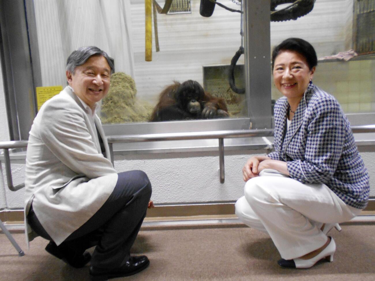オランウータンのジェニファーと記念撮影される天皇、皇后両陛下＝17日、愛媛県砥部町（宮内庁提供）