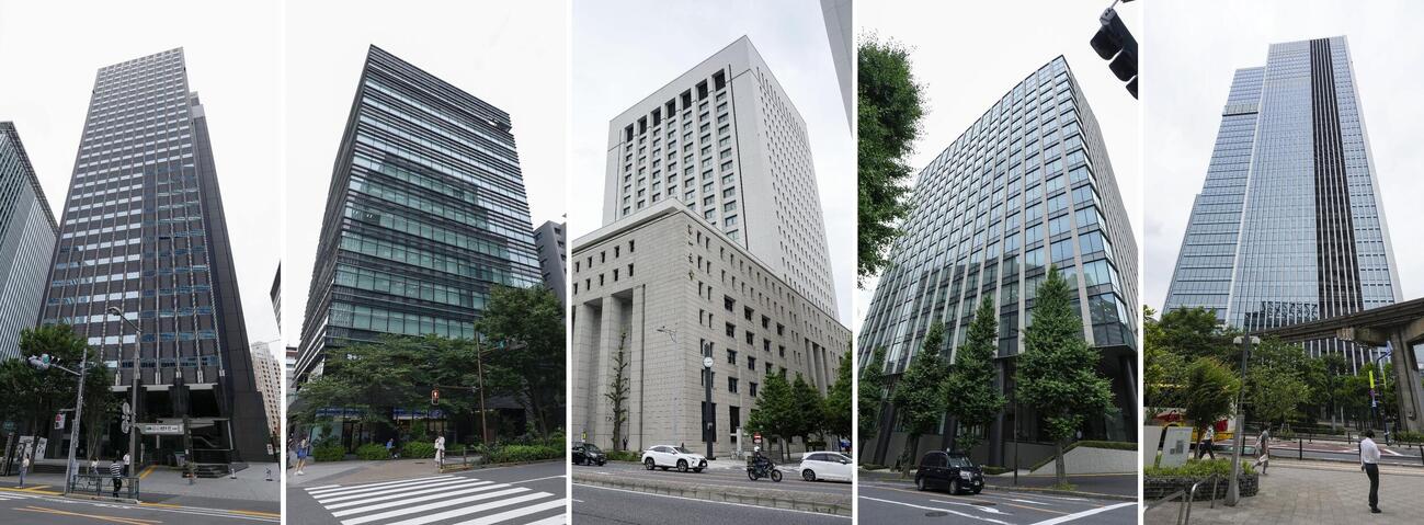 独禁法違反の疑いで公正取引委員会が立ち入り検査を行った、派遣大手5社が入るビル。左からパーソルテンプスタッフ、スタッフサービス、リクルートスタッフィング、アデコ、マンパワーグループ（共同）