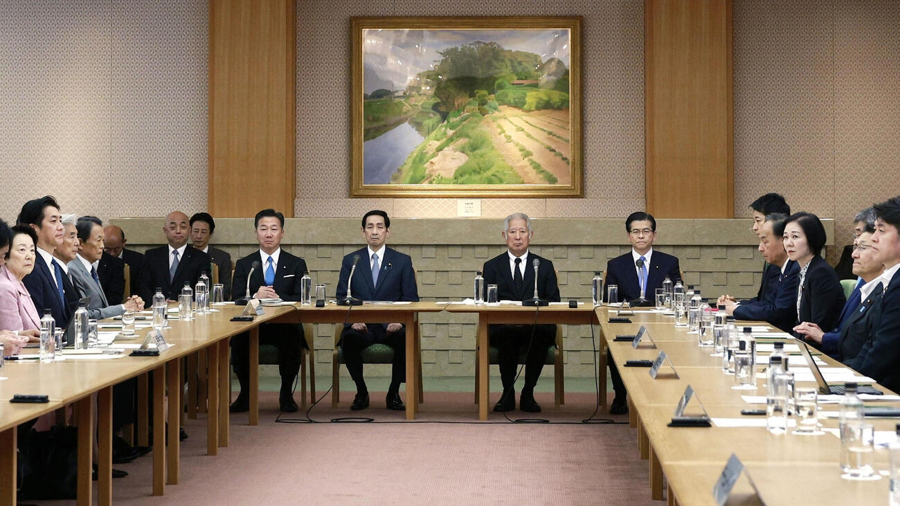 皇族数確保策に関する「立法府の総意」案を各党派に示すため、衆参両院が開いた全体会議＝8日午後、衆院議長公邸（共同）