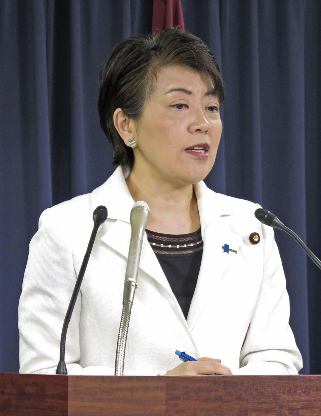 記者会見する自民党の有村総務会長＝16日午前、東京・永田町の党本部